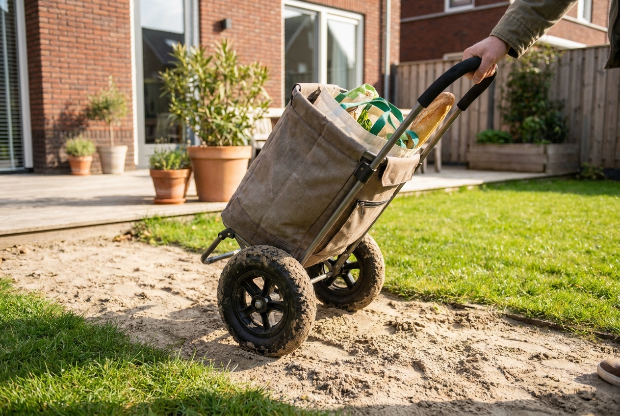 Deze wieltjes bepalen hoe makkelijk een boodschappentrolley over zand of gras rijdt